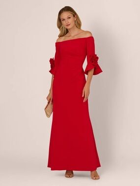 Adrianna Papell Red Scuba Off Shoulder Gown Rose Bell Sleeve Formal Size 14 NWT